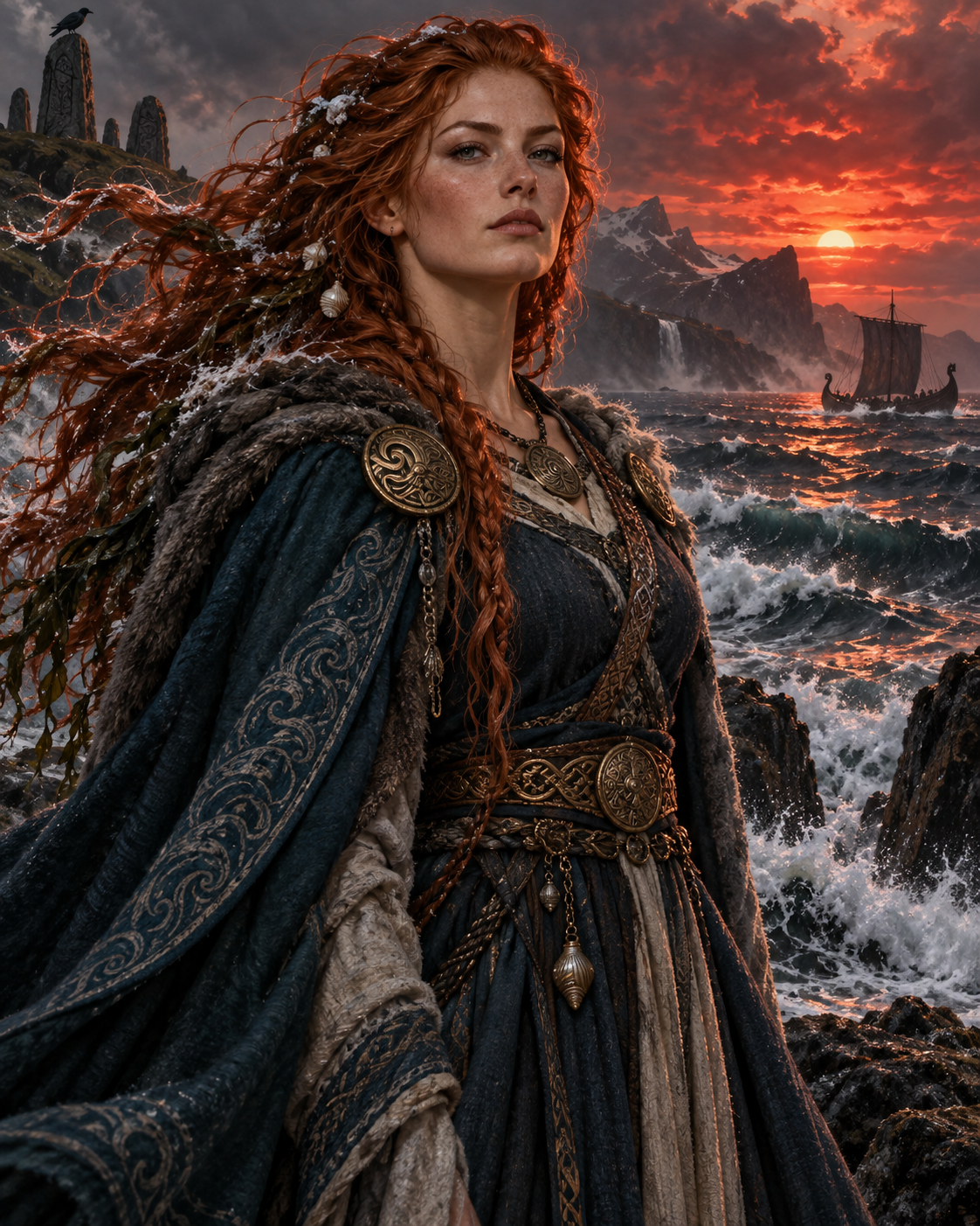 Blodughadda, Norse wave-maiden with red-copper hair swept into sea foam, red sunset reflected on storm waves, no blood.