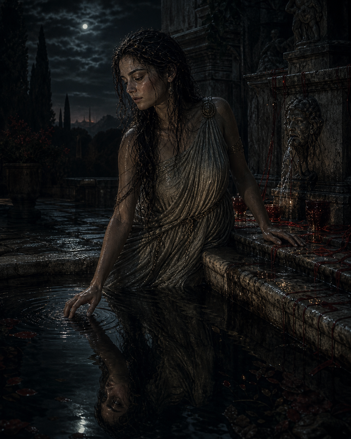 Juturna, a Roman fountain nymph, reflected in black healing water with pale stone and red votive threads.