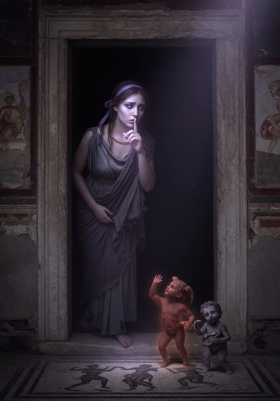 Lara, the silenced Roman nymph, standing in shadow with her finger to her lips while small household spirits gather at her feet.