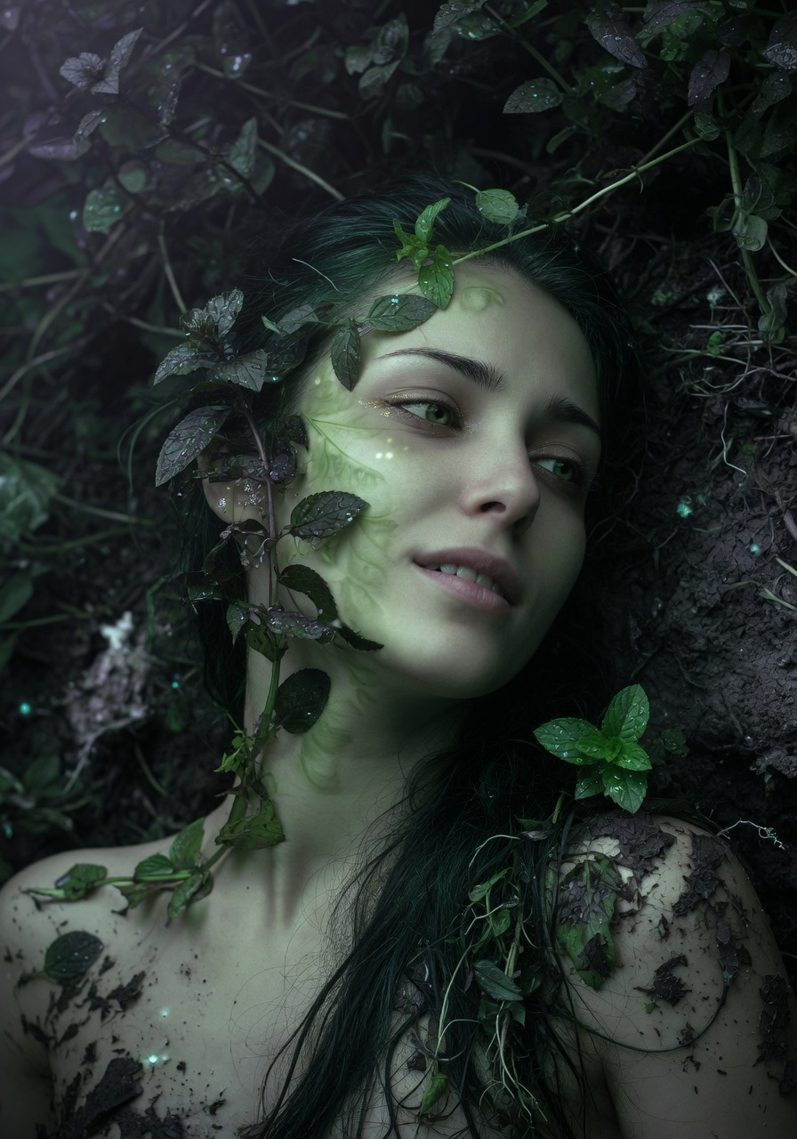 Minthe, the nymph of mint, half-transformed among dark leaves with Persephone's shadow falling across her.