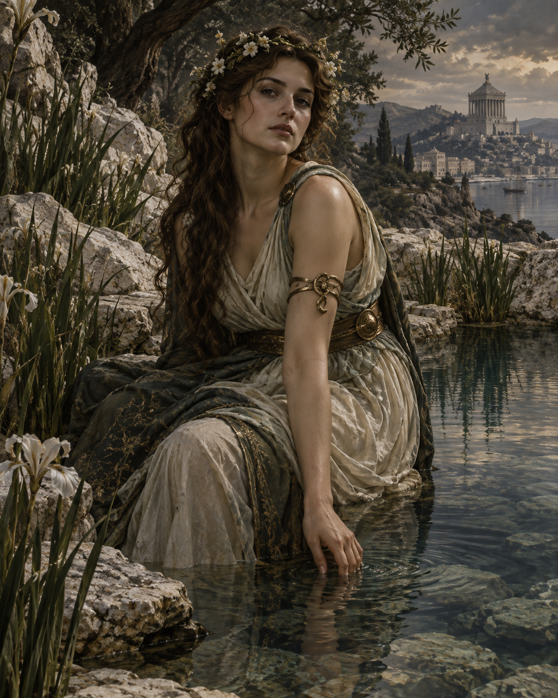 Salmacis, spring nymph alone at a clear still pool near ancient Halicarnassus, pale limestone and reeds.
