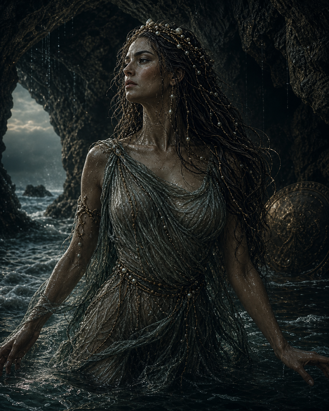 Thetis, the Nereid, standing in dark sea foam with pearl light and quiet martial symbols around her.